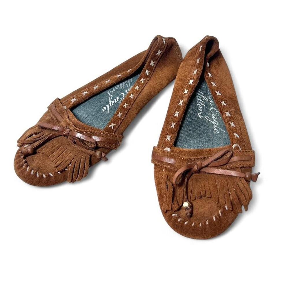American Eagle Y2k Vintage Brown Suede Fringe Moccasin Ballet Flats Womens US 8